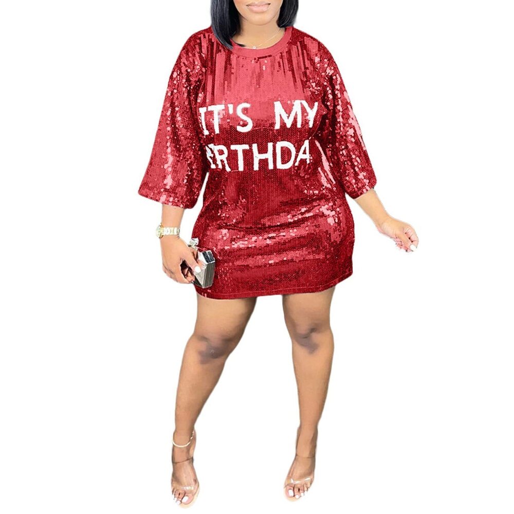 5129 Sequin T Shirt Birthday Dress Round Neck 3/4 Sleeve Jersey Dresses